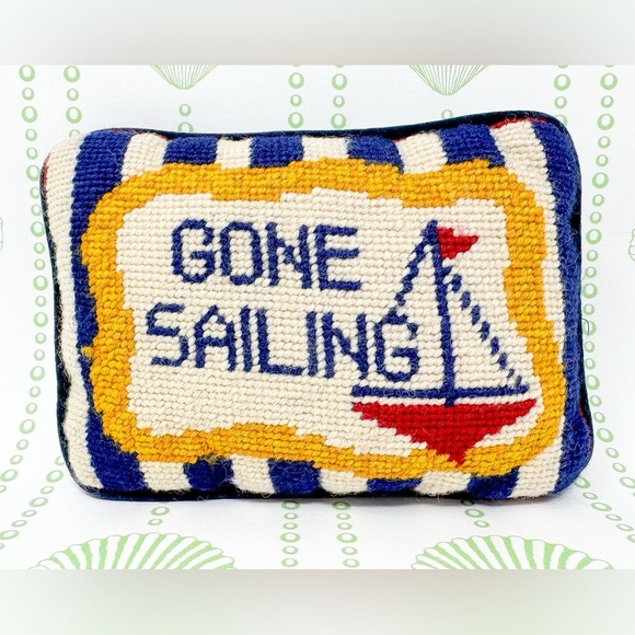 Vintage Needlepoint pillow Gone Sailing nautical two’s company mini navy boat - Picture 1 of 7